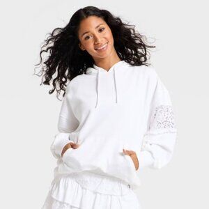 NWT XS Lace Trim French Terry Hooded Sweatshirt